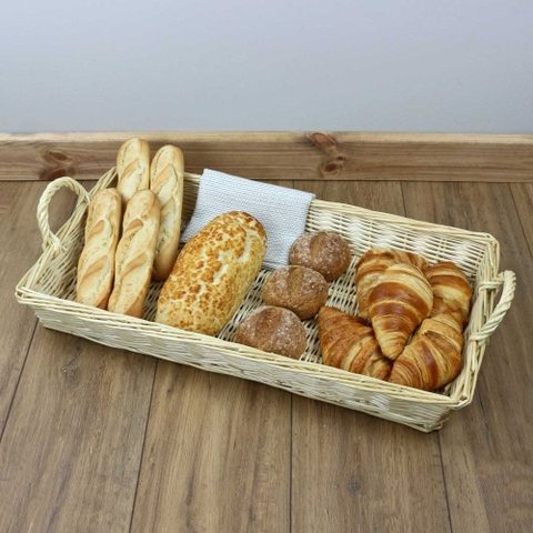 Rattan Bread Basket Rectangular Woven Fruit Tray with Handles for Serving Dinner Parties Tea Coffee Breakfast