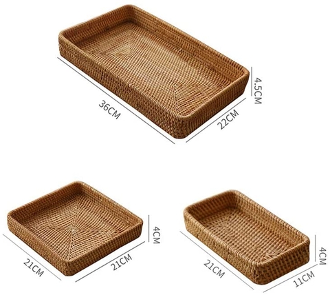 Handmade Rectangle Rattan Serving Tray for Bread Fruit, Decorative Organizing Nesting Tray Tabletop Display Storage Basket Home Decor for Bathroom