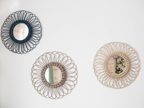 50cm Rattan Mirror Wall Hanging Rattan Mirror Framed Wall Mirror Boho Decor Bohemian Home Decor, Sunflower Rattan Mirror, Wicker Mirror