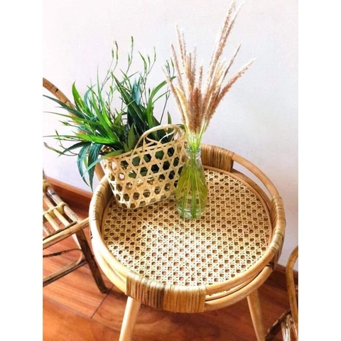 Handmade Rattan Tea Table with Bamboo Table Top - Boho Vintage Round Coffee End Table - TPTB001