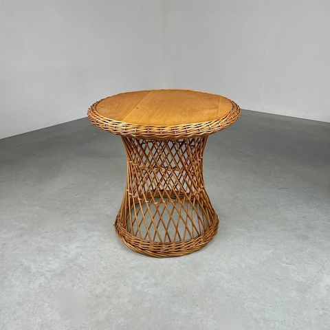Vintage 1970s Round Rattan Table - Retro Boho Planter - TPTB003