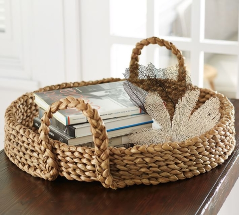 Weaving Round water hyacinth basket for fruit/ bread with handling from Vietnam