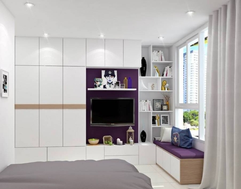 Phòng ngủ lung linh với kệ tivi sang trọng