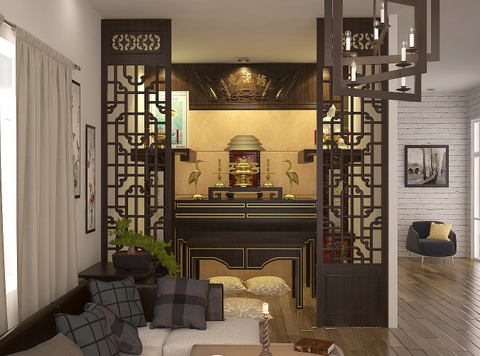 Các mẫu vách ngăn phòng thờ với phòng khách đơn giản