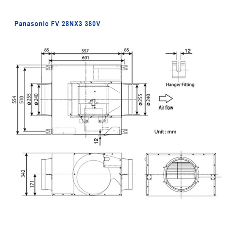 Quạt thông gió nối ống cabinet Panasonic FV-28NX3, 600W, 380V