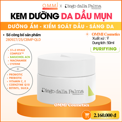 Diego Dalla Palma - Kem dưỡng cho da dầu mụn, giúp dưỡng ẩm, kiểm soát dầu, mờ thâm, sáng da (50ml) | PURIFYING 24H Matifying Anti Age Cream