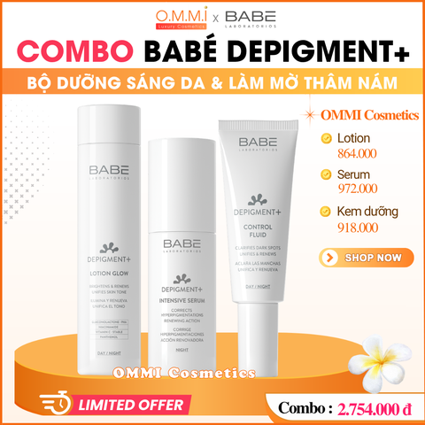 [Combo] BABÉ DEPIGMENT+ Bộ dưỡng sáng da, hỗ trợ làm mờ thâm nám và đều màu da (Lotion, Serum, Kem dưỡng)
