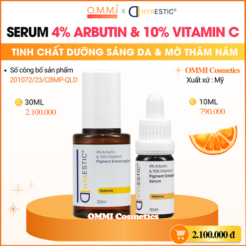 HYAESTIC - Serum dưỡng sáng da, hỗ trợ mờ thâm nám 4% Arbutin & 10% Vitamin C (30ml)