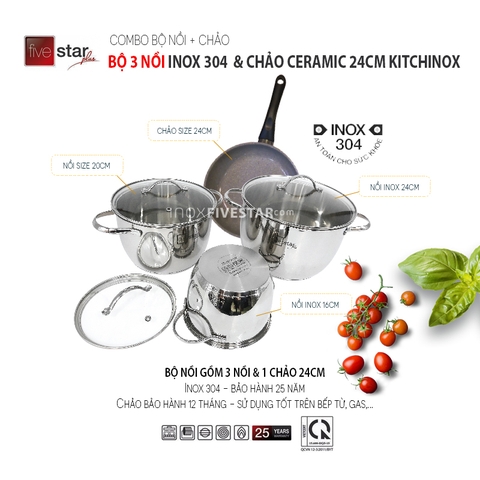 Combo Bộ 3 Nồi Cao Cấp Và Chảo 24cm Kitchi Ceramic