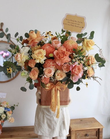 Lẵng hoa cam Free Spirit mix cúc mẫu đơn big size