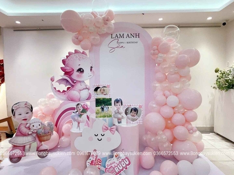 Backdrop Bóng Bay Sinh Nhật Bé Gái 1 Tuổi