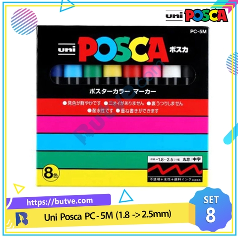 Bộ 8 cây bút sơn nước vẽ đa chất liệu Uni Posca PC-5M ngòi 1.8 - 2.5mm (Nguyên bộ)