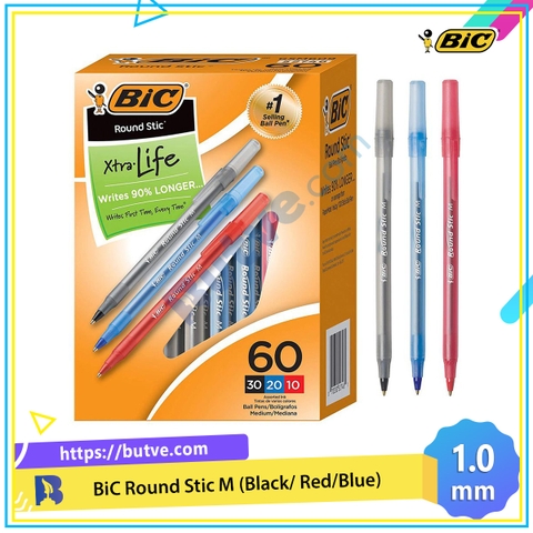 Bút bi nắp đậy kiểu dáng cổ điển BiC Round Stic M - Ngòi 1.0mm (Cây lẻ)