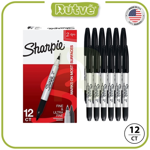 Bút lông dầu 2 đầu Sharpie Twin Tip 0.9mm/0.5mm đánh dấu đa năng - Đen (Black) 32001