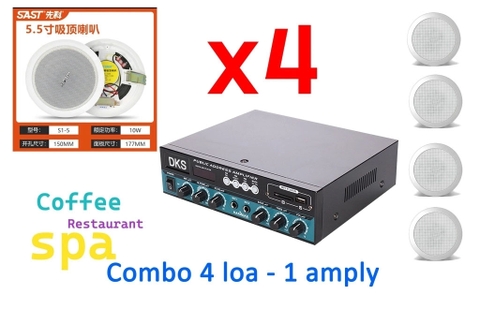 Bộ 4 loa âm trần và Amply dùng cho nhà hàng cafe, siêu thị, shop spa có bluetooth