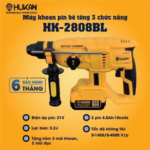 Máy khoan pin bê tông 3 chức năng Hukan HK-2808BL.2