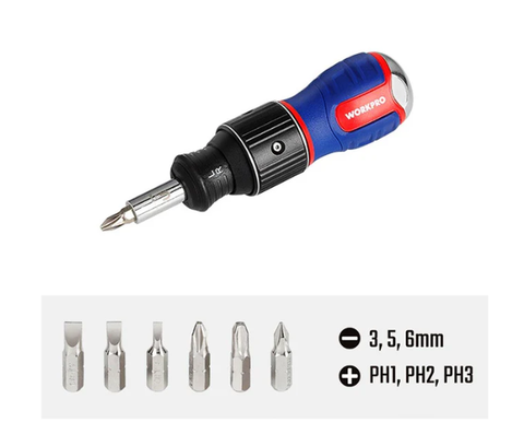 Tua vít đổi đầu 6 trong 1, tay cầm báng cao su chống trơn trượt Workpro WP221071