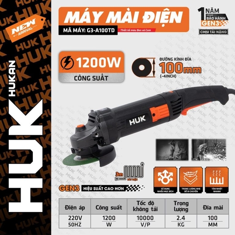 Máy mài điện 1200W Gen 3 100mm Hukan G3-A100TD