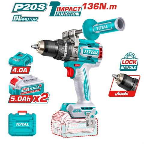 Máy khoan búa dùng pin 20V 136Nm TOTAL TIDLI201368 (kèm 2 pin 5Ah + sạc)
