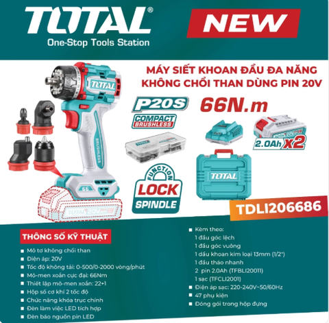 Máy siết vít đa năng dùng pin 20V 66Nm TOTAL TDLI206686 (kèm 2 pin + sạc)
