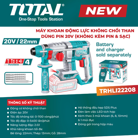 Máy khoan búa pin 20V Total TRHLI22208 (Chưa Pin & Sạc)