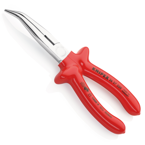 Kìm kẹp mạ chrome mũi cong 40°, dài 200mm cán đúc cách điện 1000V Knipex  2627200