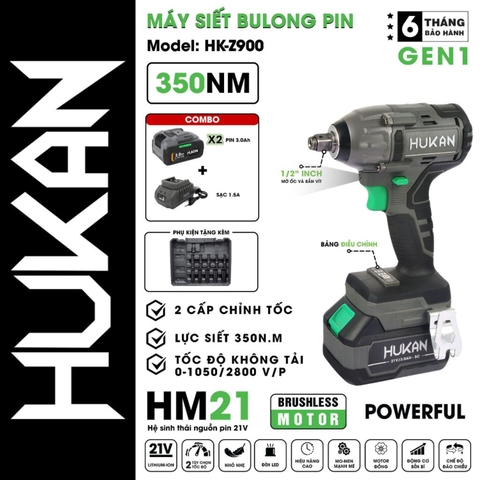 Máy bắn bu lông pin 21v 350Nm Hukan HK-Z900X
