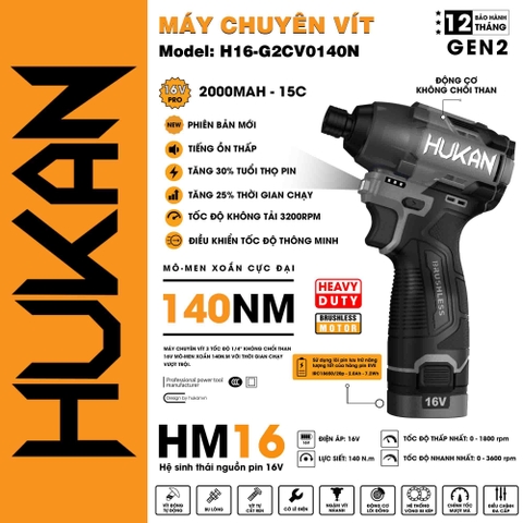 Bộ Máy bắn vít pin ( 2 pin ,1 sạc ) Hukan HK-H16-G2CV0140N