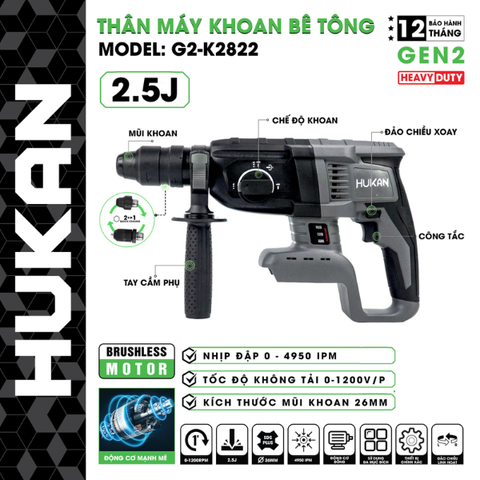 Thân máy khoan bê tông 3 chức năng (đầu 2in1) Hukan G2-K2822