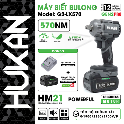 Máy siết bu lông pin 570Nm, đầu 1/2inch Gen 2 Hukan G2-LX570
