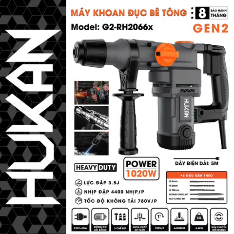 Máy chuyên khoan đục bê tông 1020W Gen 2 Hukan G2-RH2066X