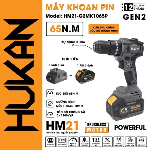 Máy khoan pin 10mm Gen 2 (1 pin,1 sạc ) Hukan HK-HM21-G2MK1065P