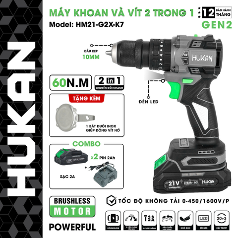 Máy khoan, vặn vít pin 60Nm, đầu kẹp 10mm Hukan HM21-G2X-K6