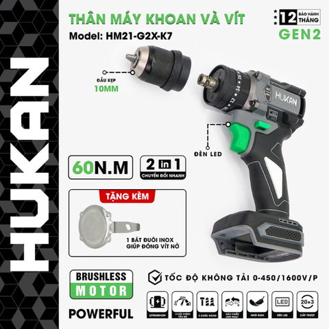 Thân máy khoan, vặn vít pin 3 chức năng 10mm Gen 2 Hukan HM21-G2X-K7
