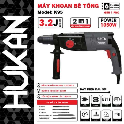 Máy khoan, đục bê tông 3 chức năng Gen 1 Pro Hukan HK-K95