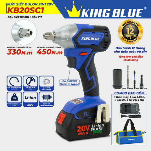 Máy bắn bu lông 2 trong 1, pin 20V (1 pin, 1 sạc) Kingblue KB20SC1 (Chân pin Bosch)