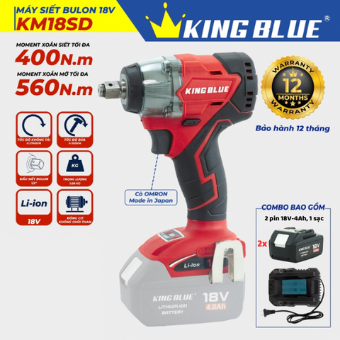 Bộ máy bắn bu lông pin 18V (2 pin, 1 sạc), lực 560Nm Kingblue KM18SD.2 (Chân pin Makita)