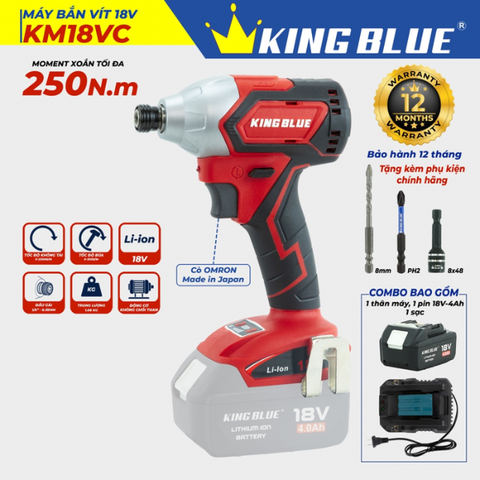 Bộ máy bắn vít pin 18V (1 pin, 1 sạc), lực siết 250Nm Kingblue KM18VC.1 (Chân pin Makita)