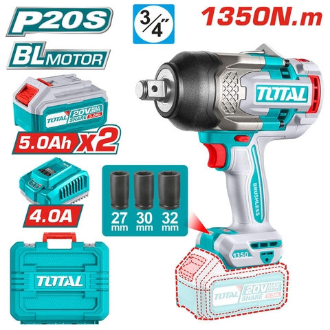 Máy bắn bu lông pin 20V lực 1350Nm Total TIWLI20135 (2pin 5Ah + 1 sạc 4Ah)