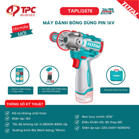 Máy đánh bóng dùng pin 16V  76mm không chổi than Total TAPLI1676