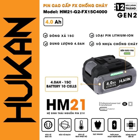 Pin 21v 4.0Ah có hộp Hukan HM21-G2-FX15C4000