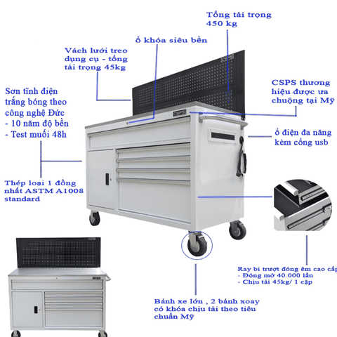 Tủ dụng cụ 132cm - 05 hộc kéo màu trắng CSPS VNTC13205BJ3M