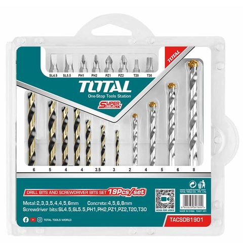 Bộ 19 mũi  khoan kim  loại, bê tông   và mũi  bắt vít Total TACSDB1901