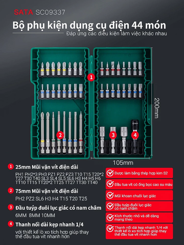 Bộ phụ kiện mũi vít 44 chi tiết SATA 09337