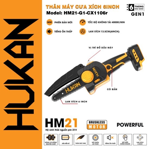 Thân máy cưa xích dùng pin 21V Hukan HM21-G1-CX1106R-T