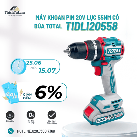 Máy khoan pin 20v 55Nm có búa Total TIDLI20558 (2pin Ah)