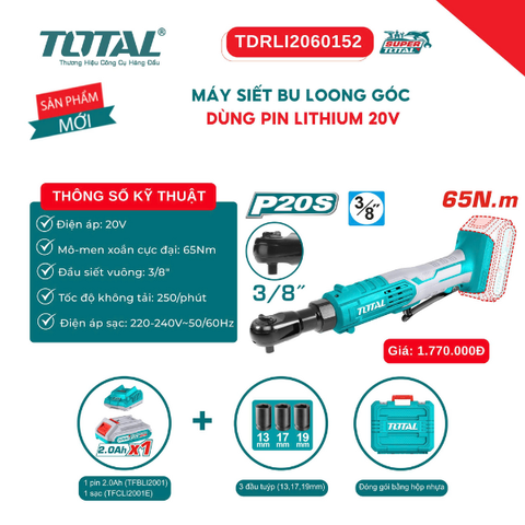 Máy bắn bu lông góc pin 20V lực 65Nm Total TDRLI2060152 (cải tiến)