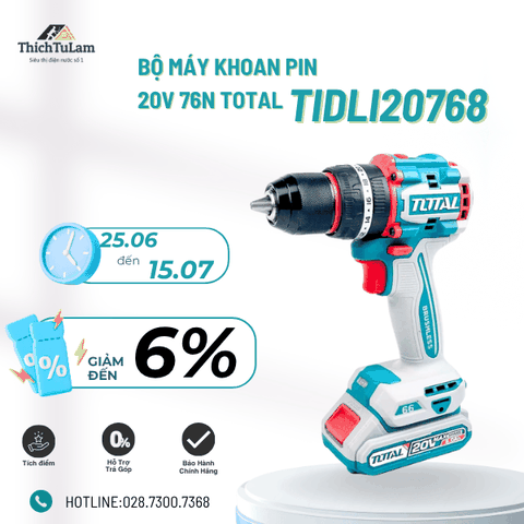 Máy khoan pin 20v 76Nm có búa không chổi than Total TIDLI20768 (2pin 2Ah)