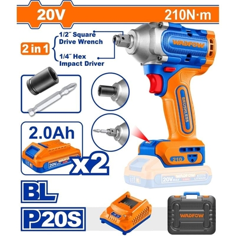 Máy siết bu lông & vít 2 trong 1 dùng pin 20V 210Nm (không chổi than) WADFOW WCD3B21