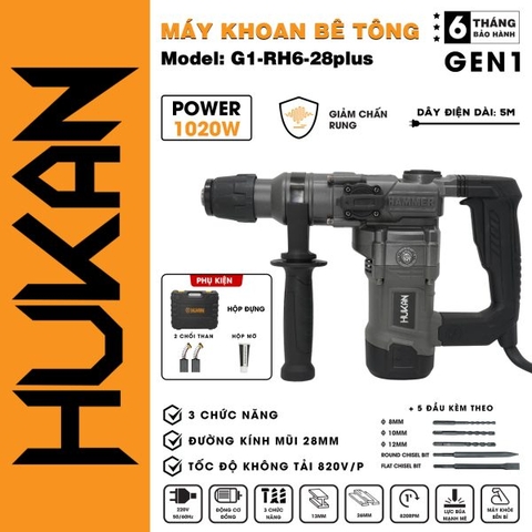 Máy khoan đục Gen 1 dùng điện công suất 1020W Hukan G1-RH6-28PLUS
